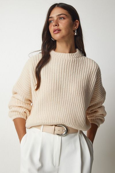 Happiness İstanbul Pulover din tricot de bază cu mâneci cu balon crem BV00098
