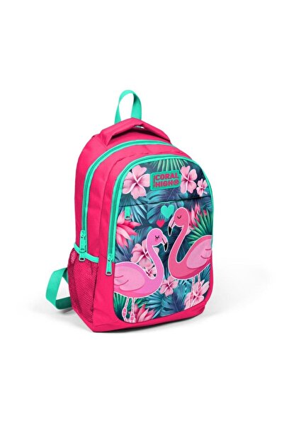Coral High Kids Neon Coral Water Green Flamingo Patterned 3-Piece School Bag Set with USB SET0123416