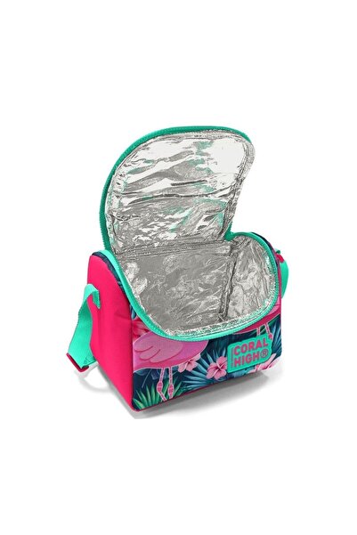 Coral High Kids Neon Coral Water Green Flamingo Patterned 3-Piece School Bag Set with USB SET0123416