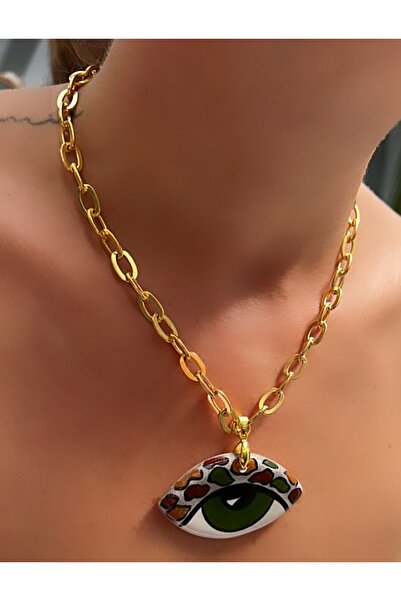 Kutcha Accessories El Yapımı Büyük Seramik Göz Altın Zincir Kolye