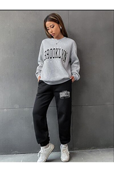 AFROGİYİM Dámská tepláková souprava s potiskem Brooklyn New York Oversize Crew Neck
