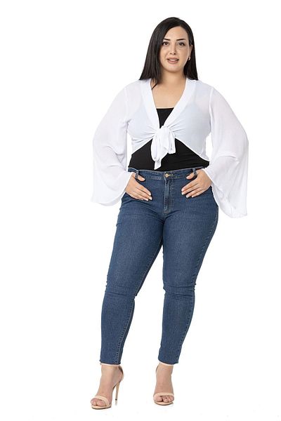 DISENTIS MODEST Plus Size Spanish Sleeve Front Tie White Bolero