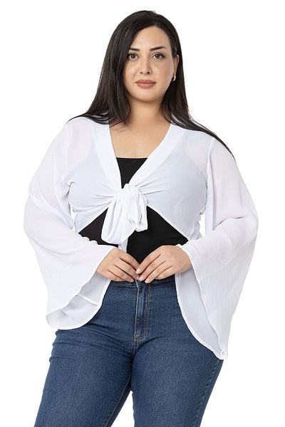DISENTIS MODEST Plus Size Spanish Sleeve Front Tie White Bolero