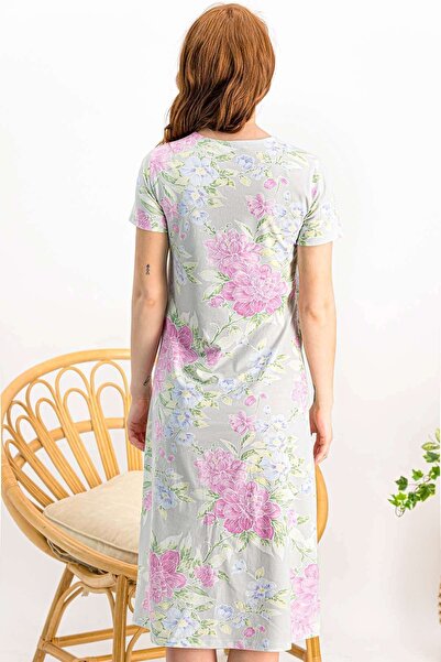 Arnetta Cămașă de noapte pentru femei, violet, gri deschis, cu decolteu rotund, cu broderie cu nasturi