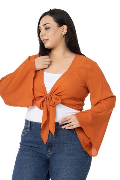 DISENTIS MODEST Plus Size Spanish Sleeve Front Tie Brick Color Bolero