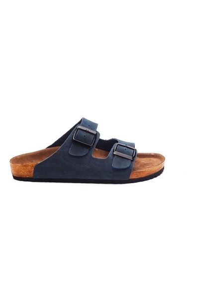 VİZYON Vizyon Women's Navy Blue Double Buckle Cork Sole Slippers