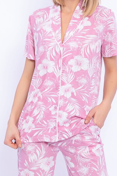 Arnetta Soft Çiçek Desenli Gül Kurusu Kadın Gömlek Pijama Takımı