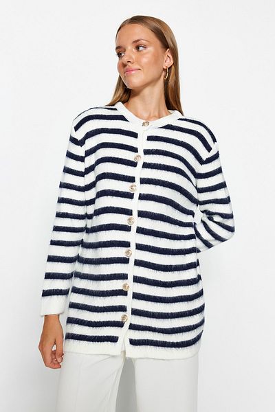 Trendyol Modest Ecru námořnická modř pruhované zlaté knoflíky s měkkým texturovaným úpletem Cardigan TCTAW24TH00046