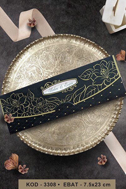 Cem Davetiye Altın Renkli Çiçek Baskılı Siyah Düğün Davetiyesi 3308 (100 Adet...