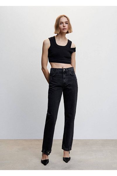MANGO Woman High Waisted Straight Cut Jeans with Ripped Detail