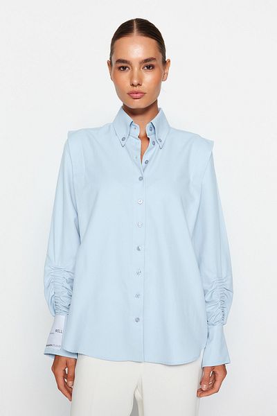 Trendyol Collection Sagaza Studio Hellblaues Popeline-Hemd - Kordelzug-Detail, gewebt TPRAW22GO1191