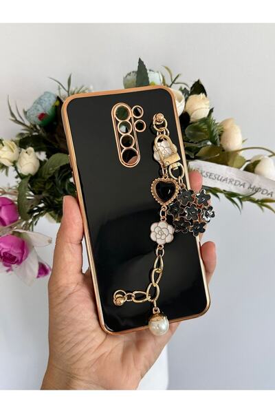 Aksesuarda Moda Redmi 9 Uyumlu Çiçekli Taşlı İncili El Geçmeli Lazer Kesim Kılıf