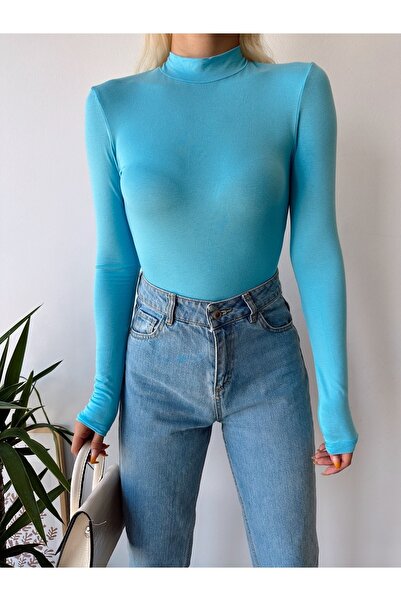 schlank Bluză din viscoză cu mânecă lungă, albastră, cu guler înalt