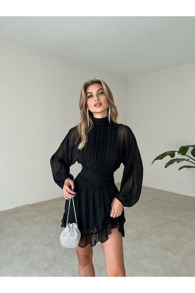 ASLANBAY Γυναικείο Μίνι βραδινό φόρεμα από σιφόν μαύρη πλάτη, φόρεμα επιστροφής στο σπίτι, χορό, βραδινό φόρεμα