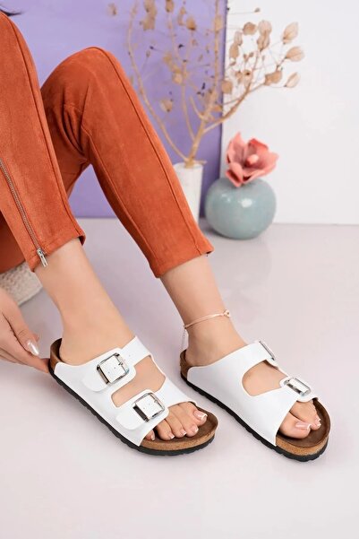 only my store Unisex White Comfortable Poly Sole Double Buckle Nubuck Slippers