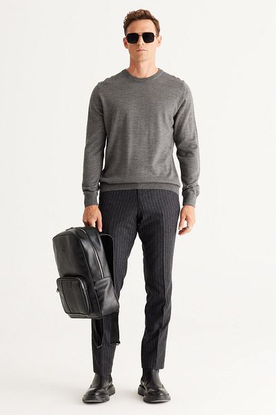 ALTINYILDIZ CLASSICS Men's Gray Melange Wool Standard Fit Regular Cut Crew Neck Knitwear Sweater