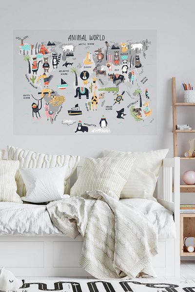 Sim Tasarım Nordic Animals World Map School Nursery Kids Room Wall Sticker