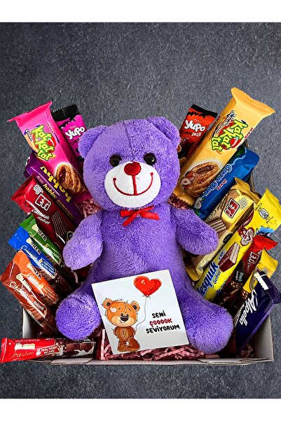 lenostra Hediye Sevgiliye Çikolata Dolu ve Mor Ayıcıklı Romantik Hediye Kutusu