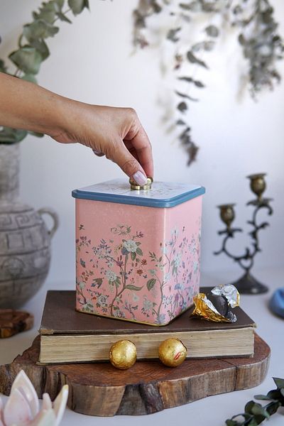 EVLE Er023-1g Botanica Pink Patterned Square Metal Storage Container 12x12 Cm