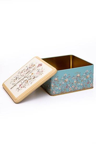 EVLE Er028-9f Botanica Blue Desenli Kare Metal Saklama Kabı 20x20 Cm
