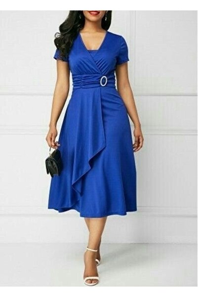 rengamoda Дамска рокля с къс ръкав, обгръщаща врата, с колан и катарама (цветна)