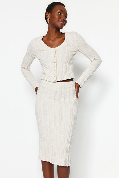 Trendyol Collection Stone Button Detailed V-neck Crop and Midi 2-Piece Cardigan Skirt Knitted Set TWOAW24AU00108