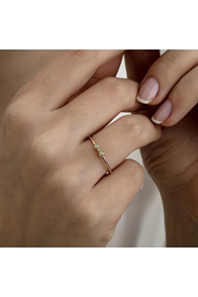 HEMS JEWELLERY 14 Ayar Altın Taşlı Fiyonk Kombinlenebilir Minimal Yüzük