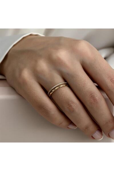 HEMS JEWELLERY 14 Ayar Altın Taşlı Ikili Kombinlenebilir Minimal Yüzük