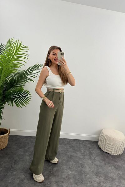 HARMONY GLOBAL Tensel Pocket Wide Leg Women's Palazzo Trousers Khaki