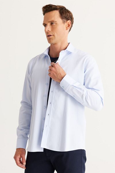 ALTINYILDIZ CLASSICS Men's Light Blue Slim Fit Narrow Cut Classic Collar 100% Cotton Dobby Shirt