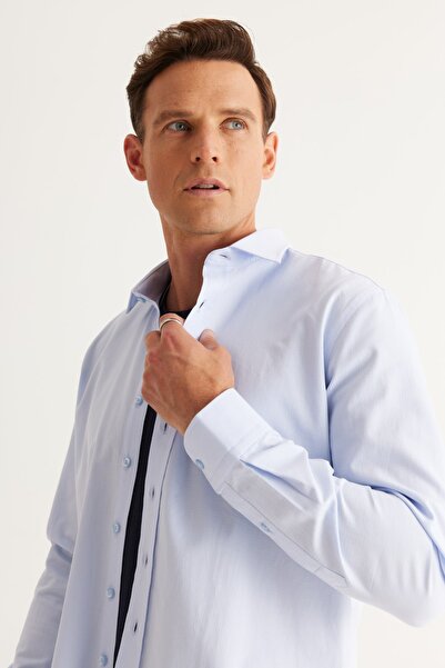 ALTINYILDIZ CLASSICS Erkek Açık Mavi Slim Fit Dar Kesim Klasik Yaka %100 Pamuk Armürlü Gömlek