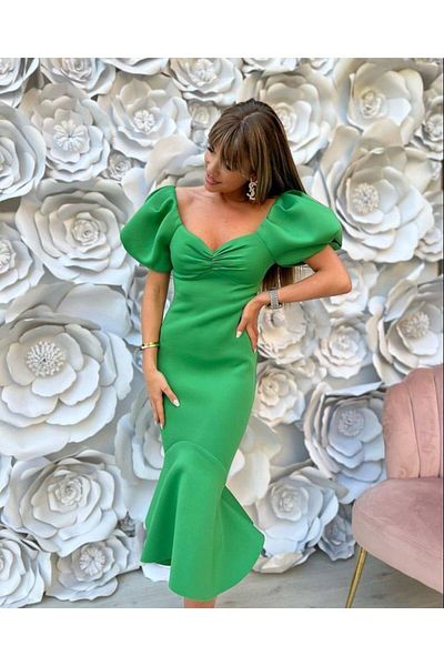 rengamoda Rochie de mireasă de absolvire pentru absolvire, slim, verde, cu mâneci pepene verde