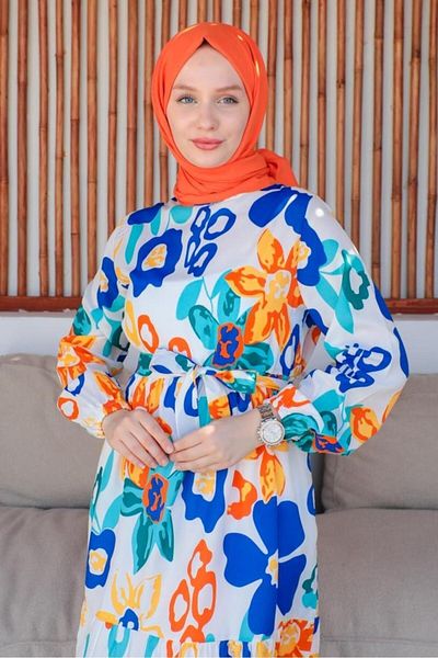 benguen 450 Patterned Hijab Dress Saks Blue
