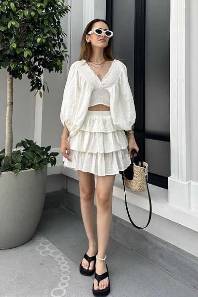 Nazliye Ecru Mini Skirt Blouse Linen Set