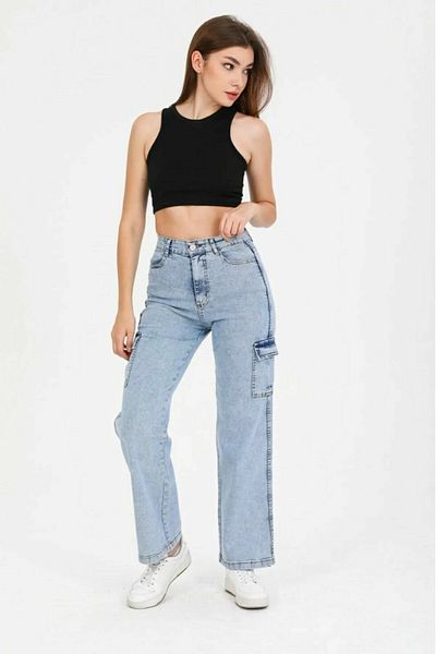 Trn JNS FBI Ice Snow Washing Cargo Loose Back Pocketless Lycra Super High Waist Jean Trousers