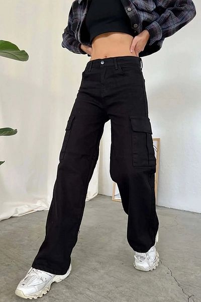 Trn JNS Pantaloni negri SWAT Cargo, largi la spate, fără buzunar, din lycra, cu talie super înaltă
