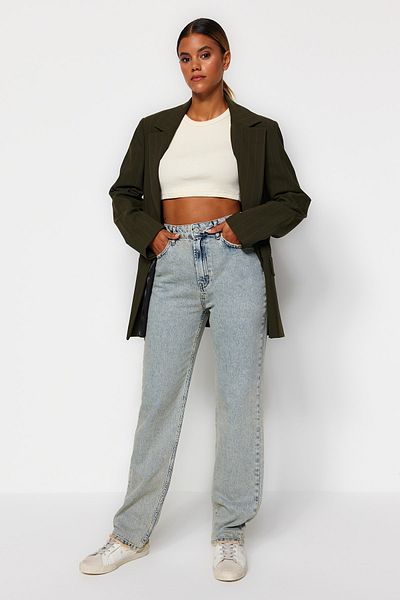 Trendyol Collection Light Blue Pale Effect Vintage High Waist Long Straight Jeans TWOAW24JE00096