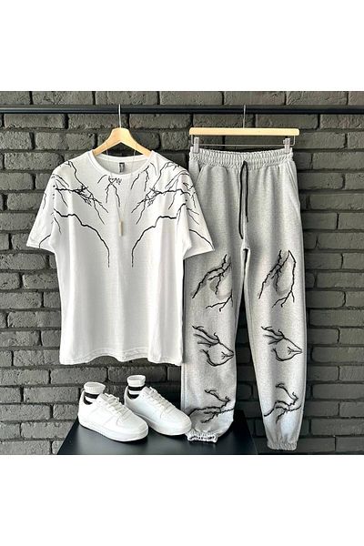 tetramoda Unisex Oversize Lightning Printed Tracksuit-T-Shirt Set