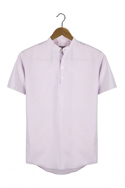 Terapi Men Men's Lilac Collar Half Placket Sheer Striped Short Sleeve Slim Fit Shirt