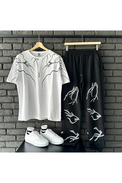 tetramoda Unisex Oversize Lightning Printed Tracksuit-T-Shirt Set