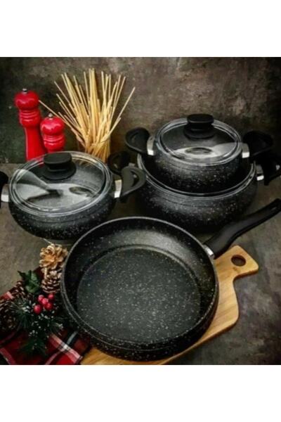 LAVONNI 7 Parça Granit Güveç Tencere Seti Siyah