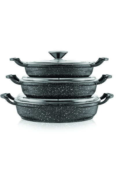 FİTHOME 3-Piece Glass Lid Can Enter The Oven Granite Casting Pan Set 18-20-22 CM