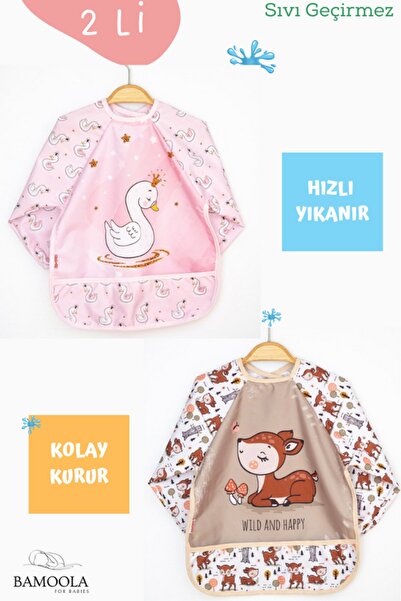 Bamoola 2 li Kuğu ve Karaca Desenli Uzun Kollu Bebek Mama Önlüğü