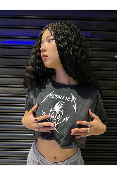 Gofeel Y2k Metallica Skull Printed Vintage Washed Oversize Crop