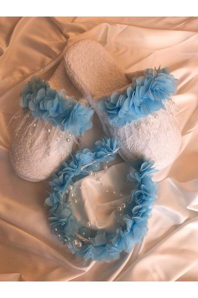 SÜSLÜTASARIM White Pearl Blue Flower Decorated Maternity Slippers Crown Set – Maternity Set – Maternity Set – Maternity Set