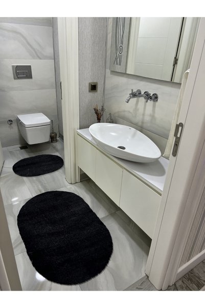 vescarpet station Laser Cut Plush 2-Piece Oval Black Bath Mat Set