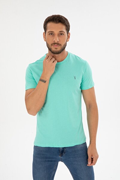 Four Man تي شيرت رجالي مصنوع من القطن ذو رقبة دائرية باللون الأخضر المائي