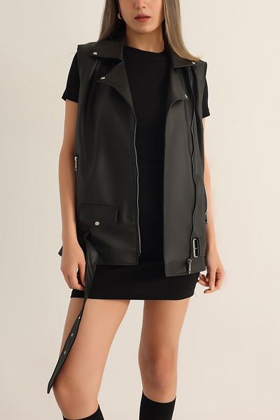 MEYASU Black Lined Belted Leather Biker Oversize Vest