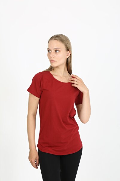 EDSA Kırmızı Oval Yaka Detaylı Kısa Kollu Basic Kadın T-shirt