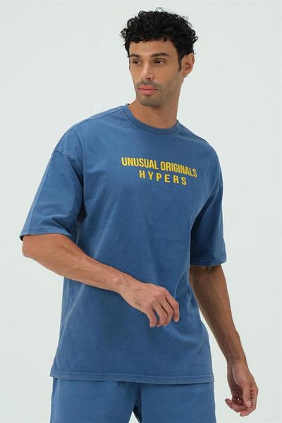 HYPERS Tricou oversize pentru bărbați cu imprimeu albastru spălat R Staff